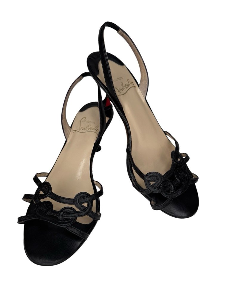 Christian Louboutin Eu 36 Black Leather Chain Link Slingback Sandal Kitten Heels